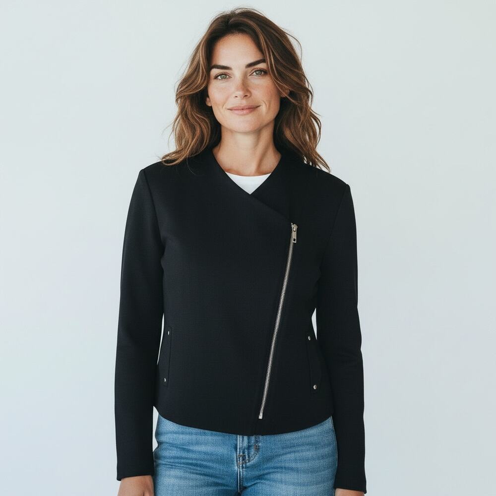 Ming Wang Black Knit Moto Jacket Sweater Top Zipper Blazer Size Medium